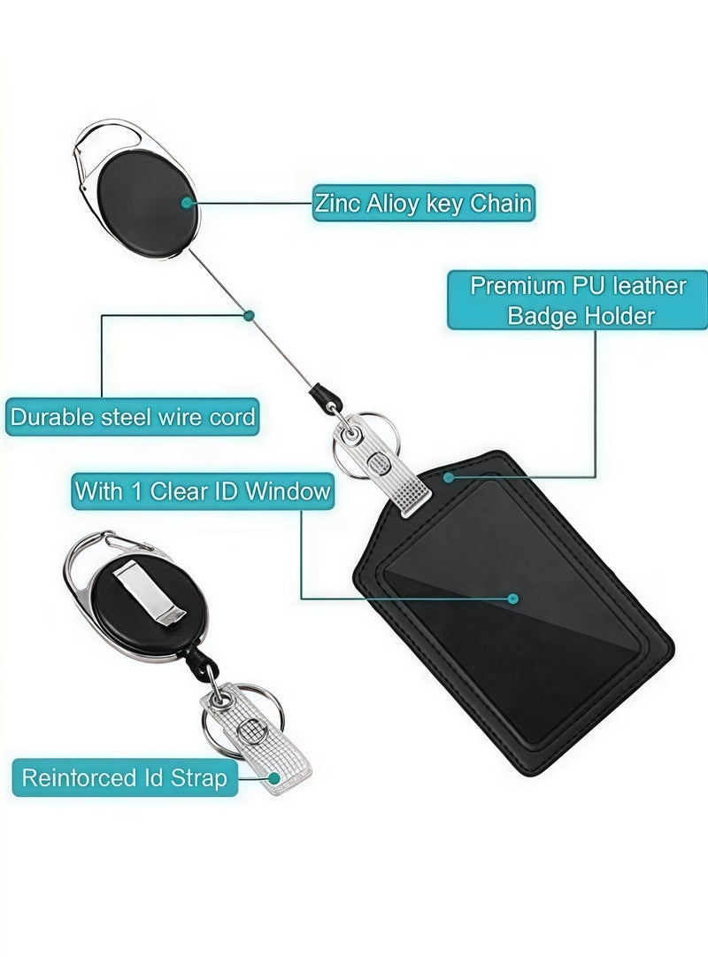 BlueHole 2-Piece ID Card Holder, with Lanyard and Retractable Badge Reel Clip, Unisex Leather ID Badge Holder with Clear ID Window & Credit Card Slots for Work/School Black - Image 3