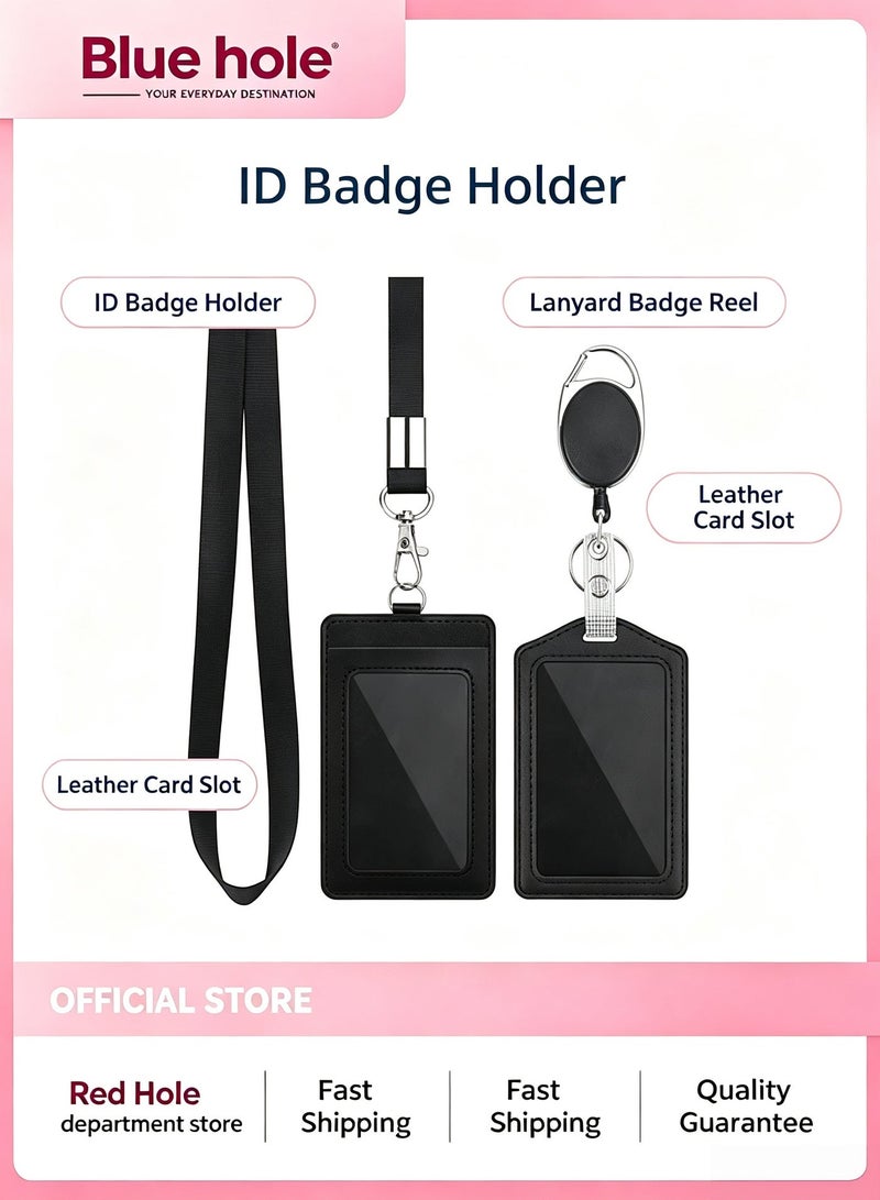 BlueHole 2-Piece ID Card Holder, with Lanyard and Retractable Badge Reel Clip, Unisex Leather ID Badge Holder with Clear ID Window & Credit Card Slots for Work/School Black - Image 1
