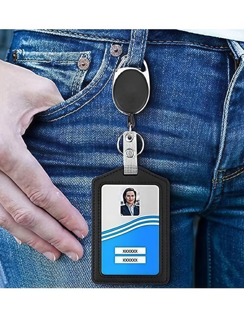 BlueHole 2-Piece ID Card Holder, with Lanyard and Retractable Badge Reel Clip, Unisex Leather ID Badge Holder with Clear ID Window & Credit Card Slots for Work/School Black - Image 4