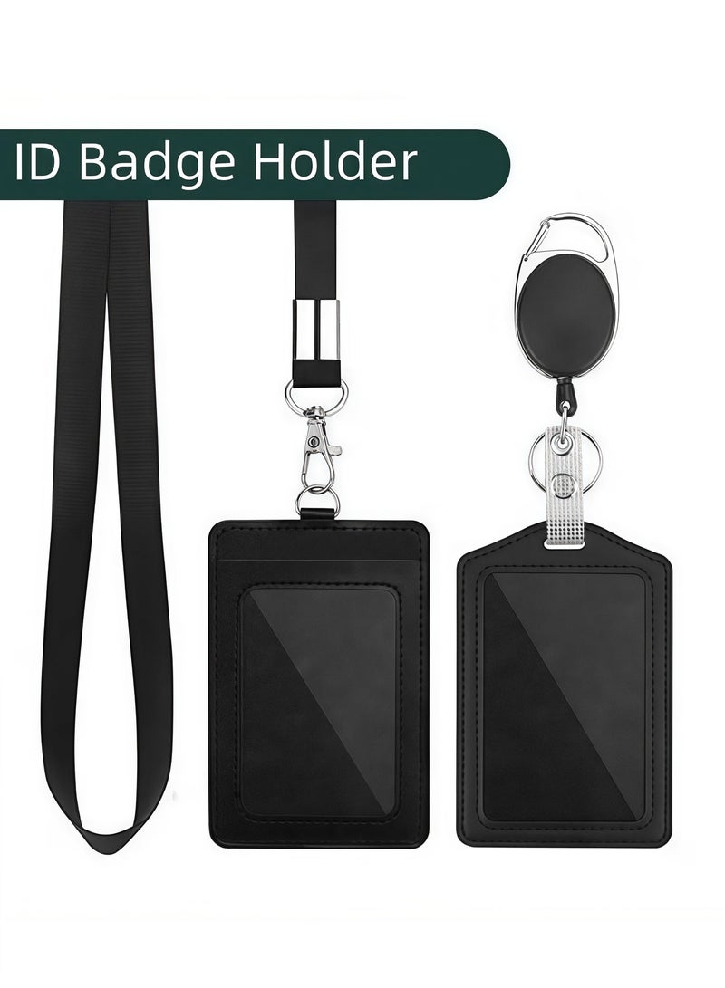 BlueHole 2-Piece ID Card Holder, with Lanyard and Retractable Badge Reel Clip, Unisex Leather ID Badge Holder with Clear ID Window & Credit Card Slots for Work/School Black - Image 2