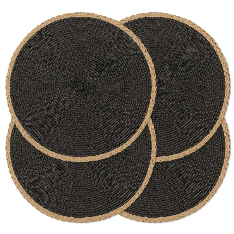 Noctiflorous Round Placemats Set of 4, 15 Inch Braided Hand Woven Table Mats, Heat Resistant Non-Slip Wipeable Thin Edge Place Mats for Kitchen Dining Indoor Outdoor Use(Black, 4) - Image 1