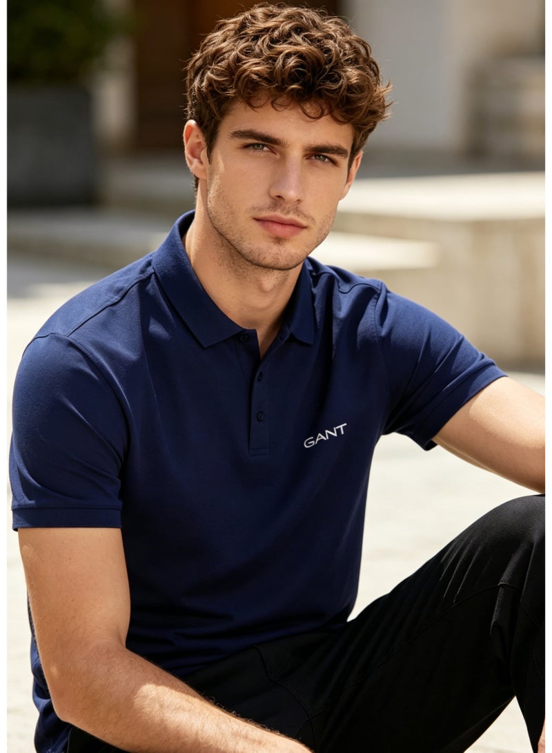 GANT Men's Short Sleeve Solid Polo Shirt, Regular Fit, Everyday & Business Casual, Navy Blue - Image 4