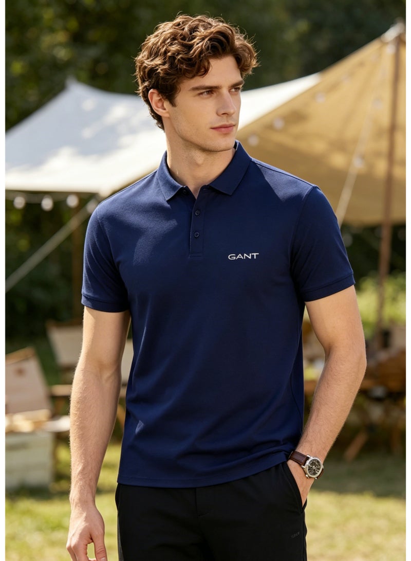 GANT Men's Short Sleeve Solid Polo Shirt, Regular Fit, Everyday & Business Casual, Navy Blue - Image 3