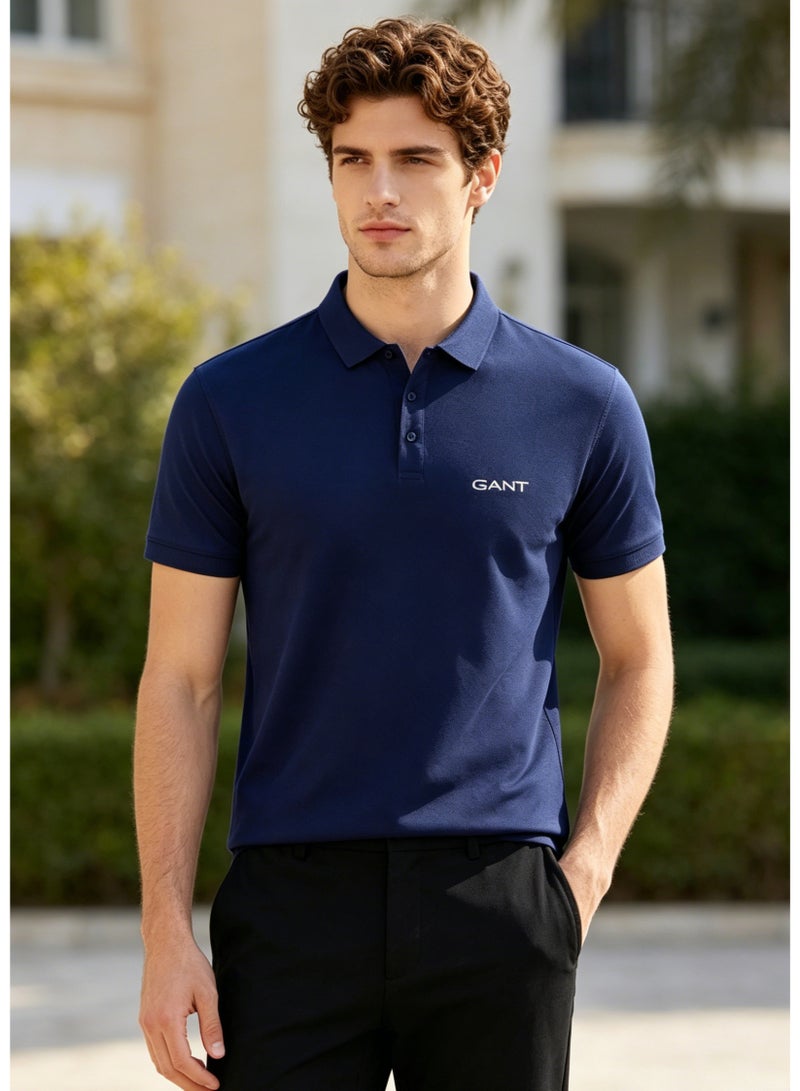 GANT Men's Short Sleeve Solid Polo Shirt, Regular Fit, Everyday & Business Casual, Navy Blue - Image 2