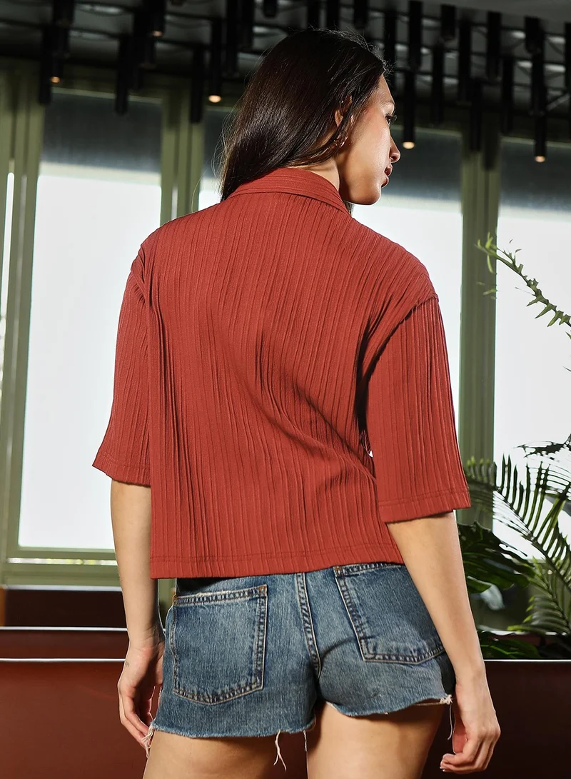 Pinacolada  Women's Brick Red Pin-Tactile Boxy Crop Shirt | نساء | أكمام قصيرة | سادة | كاجوال | قميص | طوق كوبي for Women | Best Price UAE