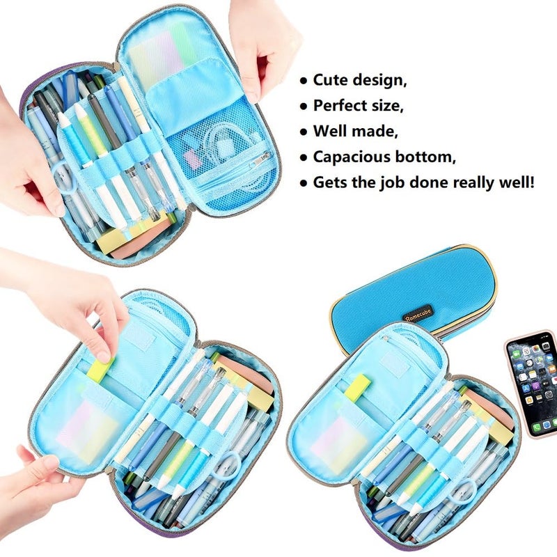 Homecube Pencil Case Big Capacity Pencil Bag Makeup Pen Pouch Durable Students Stationery With Double Zipper Pen Holder for School/Office, Blue - Image 2