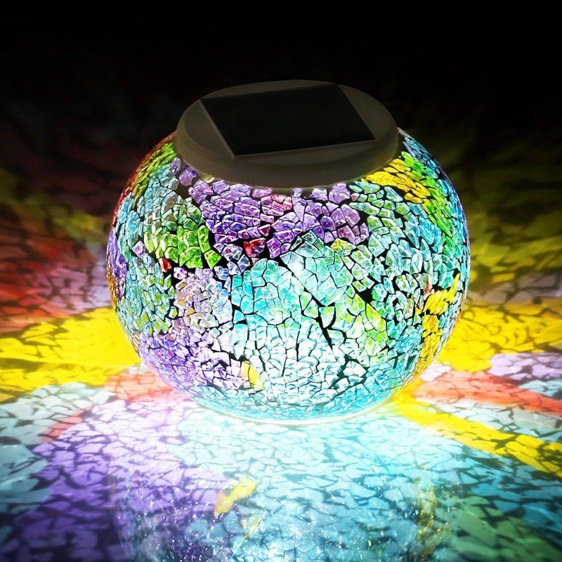 WSgift Color Changing Solar Powered Glass Mosaic Ball Led Garden Lights, Rechargeable Solar Table Lights, Outdoor Waterproof Solar Night Lights Table Lamps for Decorations, Ideal Gifts - Image 1