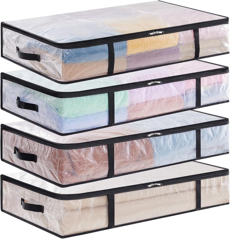 Lifewit 4 Pieces Transparent Plastic Under Bed Storage Bag, 60L Under Bed Storage Box with Blanket Storage Bag with Reinforced Handle for Duvets, Clothes, Blanket - Image 1
