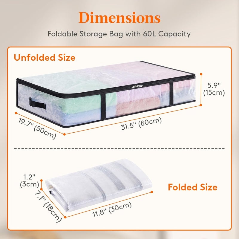 Lifewit 4 Pieces Transparent Plastic Under Bed Storage Bag, 60L Under Bed Storage Box with Blanket Storage Bag with Reinforced Handle for Duvets, Clothes, Blanket - Image 4