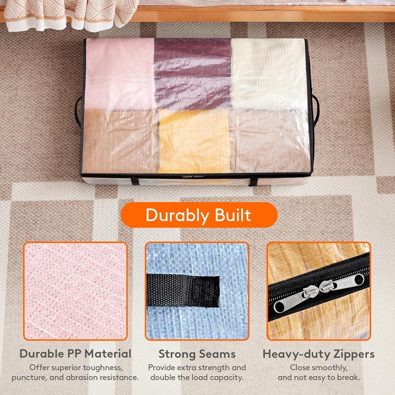 Lifewit 4 Pieces Transparent Plastic Under Bed Storage Bag, 60L Under Bed Storage Box with Blanket Storage Bag with Reinforced Handle for Duvets, Clothes, Blanket - Image 2