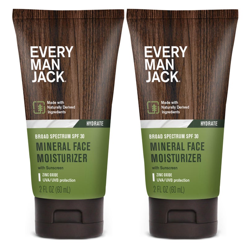 Every Man Jack لوشن وجه معدني للرجال من إيفري مان جاك مع واقي شمس واسع الطيف SPF 30 مع أكسيد الزنك - مختبر من قبل أطباء الجلد - حماية UVA/UVB - مرطب يومي لحماية وتخفيف جفاف البشرة - 2 أونصة سائلة (عبوتين)  - Image 1