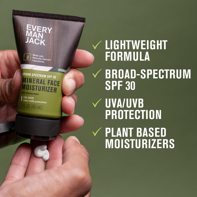 Every Man Jack لوشن وجه معدني للرجال من إيفري مان جاك مع واقي شمس واسع الطيف SPF 30 مع أكسيد الزنك - مختبر من قبل أطباء الجلد - حماية UVA/UVB - مرطب يومي لحماية وتخفيف جفاف البشرة - 2 أونصة سائلة (عبوتين)  - Image 3