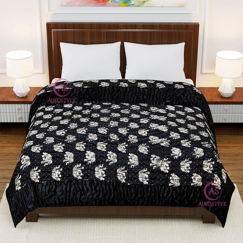 AUROSTYLE Rajasthani Cotton Filled Light Weight Silk Soft Jaipuri AC Quilt Dohar Over All Floral Print Design Blankets for Home 85x55 InchBlack Elephant Print Single Bed - Image 2