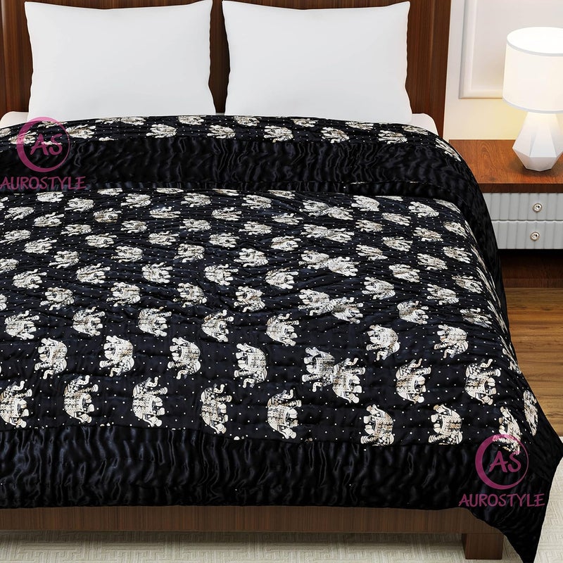 AUROSTYLE Rajasthani Cotton Filled Light Weight Silk Soft Jaipuri AC Quilt Dohar Over All Floral Print Design Blankets for Home 85x55 InchBlack Elephant Print Single Bed - Image 3