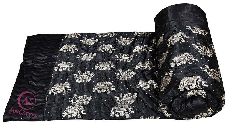 AUROSTYLE Rajasthani Cotton Filled Light Weight Silk Soft Jaipuri AC Quilt Dohar Over All Floral Print Design Blankets for Home 85x55 InchBlack Elephant Print Single Bed - Image 5