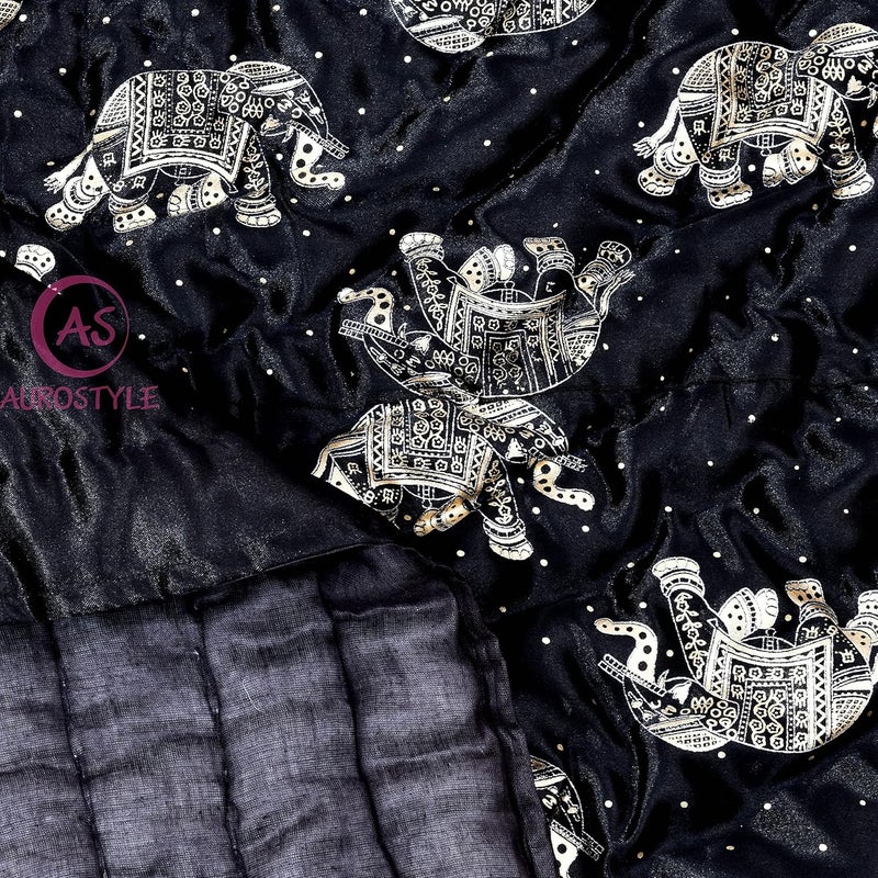 AUROSTYLE Rajasthani Cotton Filled Light Weight Silk Soft Jaipuri AC Quilt Dohar Over All Floral Print Design Blankets for Home 85x55 InchBlack Elephant Print Single Bed - Image 4
