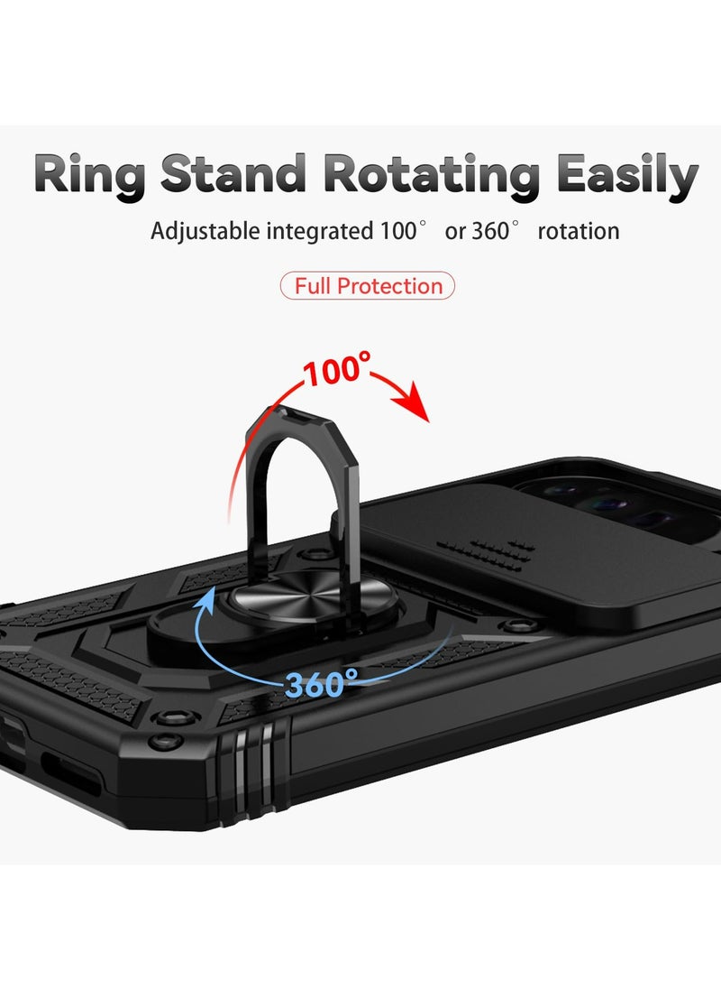 Case Cover for Google Pixel 9 Pro XL, Slide Camera Lens Cover + 360°Rotating Kickstand Ring + Support Magnetic Car Mount Shockproof Mobile Phone Case For Google Pixel 9 Pro XL, Black