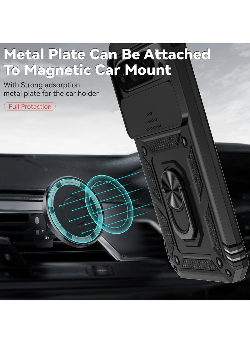 Case Cover for Google Pixel 9 Pro XL, Slide Camera Lens Cover + 360°Rotating Kickstand Ring + Support Magnetic Car Mount Shockproof Mobile Phone Case For Google Pixel 9 Pro XL, Black