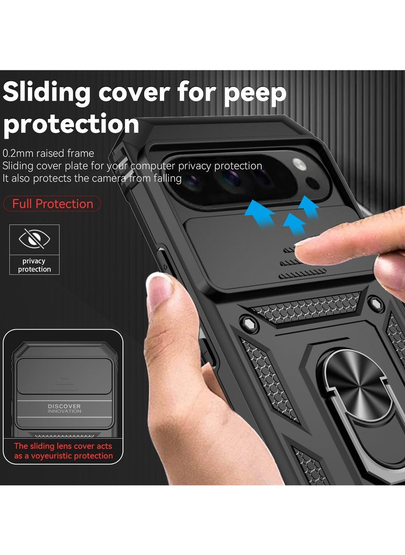Case Cover for Google Pixel 9 Pro XL, Slide Camera Lens Cover + 360°Rotating Kickstand Ring + Support Magnetic Car Mount Shockproof Mobile Phone Case For Google Pixel 9 Pro XL, Black