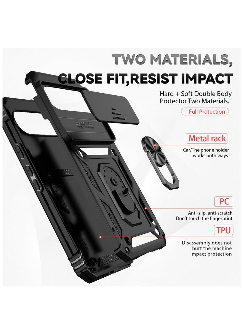 Case Cover for Google Pixel 9 Pro XL, Slide Camera Lens Cover + 360°Rotating Kickstand Ring + Support Magnetic Car Mount Shockproof Mobile Phone Case For Google Pixel 9 Pro XL, Black