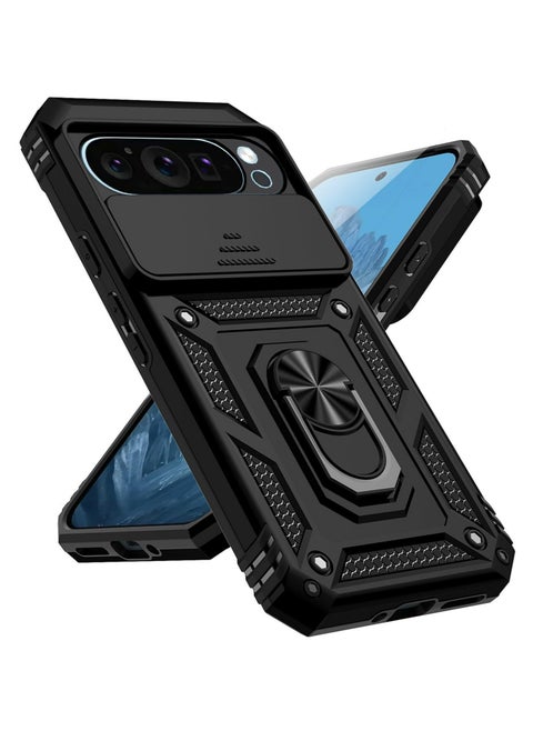 Case Cover for Google Pixel 9 Pro XL, Slide Camera Lens Cover + 360°Rotating Kickstand Ring + Support Magnetic Car Mount Shockproof Mobile Phone Case For Google Pixel 9 Pro XL, Black