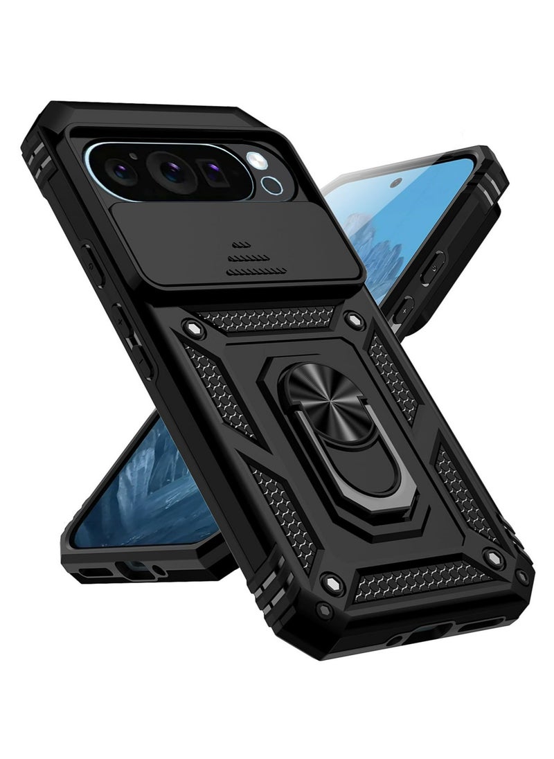 Case Cover for Google Pixel 9 Pro XL, Slide Camera Lens Cover + 360°Rotating Kickstand Ring + Support Magnetic Car Mount Shockproof Mobile Phone Case For Google Pixel 9 Pro XL, Black