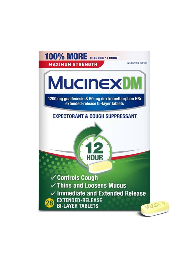 MUCINEX دواء DM 12 ساعة أقصى قوة لاحتقان الصدر والسعال للبالغين، دواء البرد والسعال لتخفيف المخاط الزائد، 1200 ملغ جوايفينيسين و60 ملغ ديكستروميثورفان HBr، 28 قرص ثنائي الطبقة - Image 1
