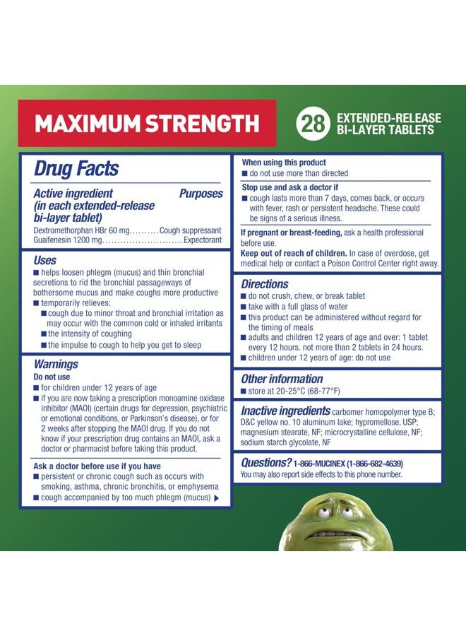 MUCINEX دواء DM 12 ساعة أقصى قوة لاحتقان الصدر والسعال للبالغين، دواء البرد والسعال لتخفيف المخاط الزائد، 1200 ملغ جوايفينيسين و60 ملغ ديكستروميثورفان HBr، 28 قرص ثنائي الطبقة - Image 2