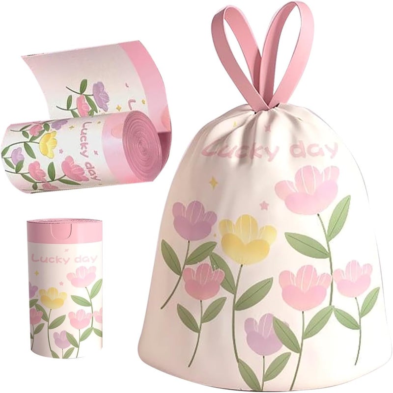 KASTWAVE 4 Gallon Trash Bags, 100 Count Drawstring Garbage Bags - Tear-Resistant, Leak-Proof Small Trash Liners for Bathroom, Office, Kitchen, Bedroom - Pink Floral Printed Heavy Duty Trash Can Bags - Image 1