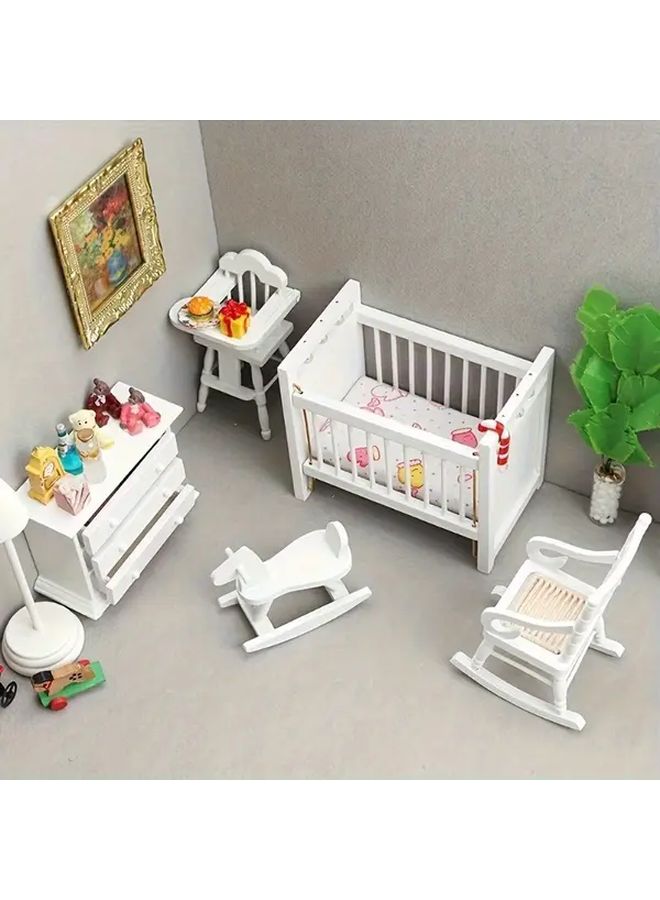 White Dollhouse Furniture Set With Bed Rocking Horse Chair Dresser Miniature Decor - Image 2