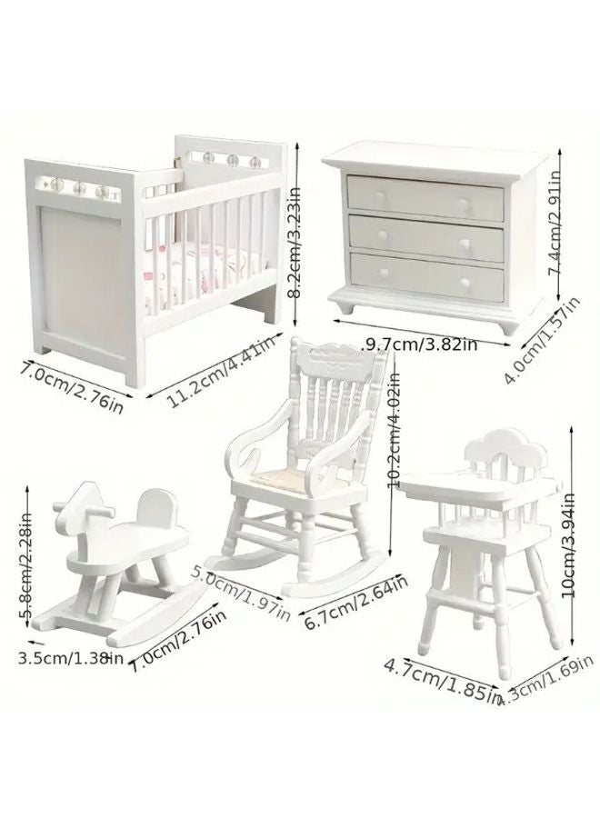 White Dollhouse Furniture Set With Bed Rocking Horse Chair Dresser Miniature Decor - Image 3