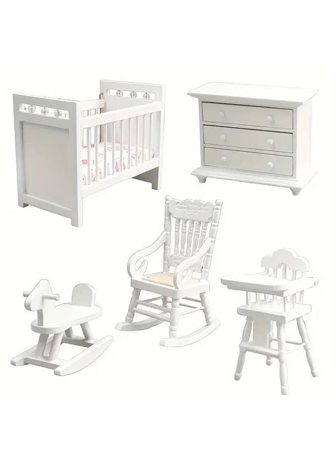 White Dollhouse Furniture Set With Bed Rocking Horse Chair Dresser Miniature Decor - Image 1