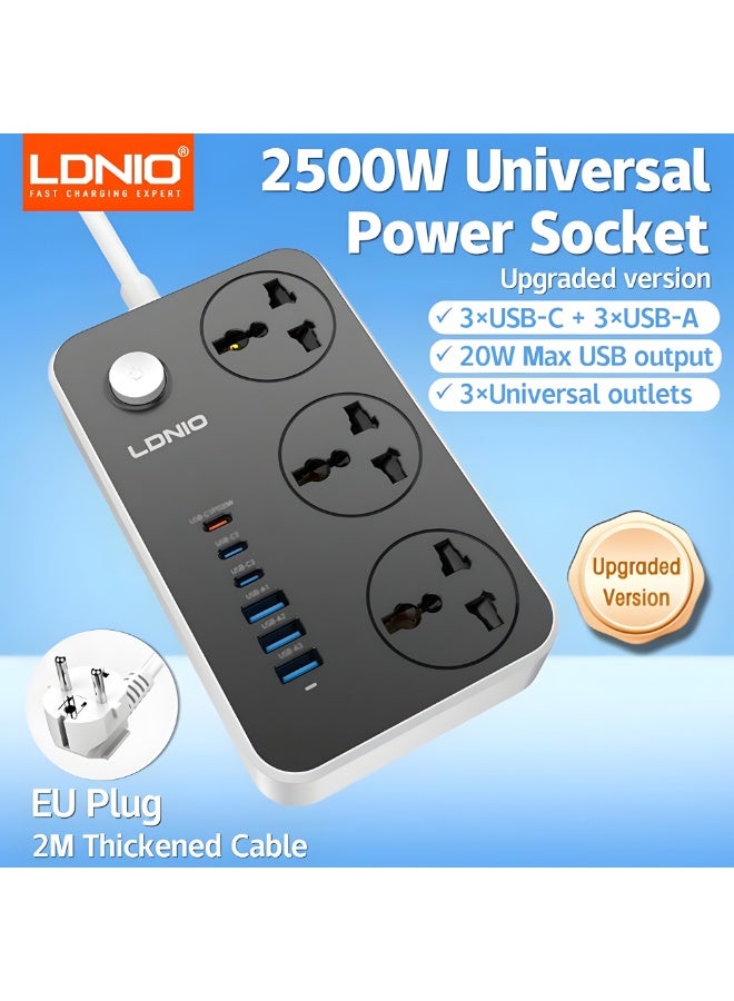 LDNIO SC3604C Power Strip with 3 AC Outlets & 6 USB Ports (3 Type-C + 3 USB-A), 2500W, PD 20W Fast Charging, 2M Cable - Image 2