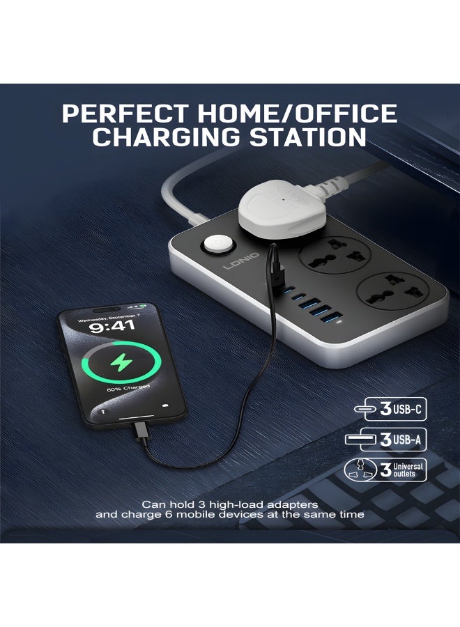 LDNIO SC3604C Power Strip with 3 AC Outlets & 6 USB Ports (3 Type-C + 3 USB-A), 2500W, PD 20W Fast Charging, 2M Cable - Image 5