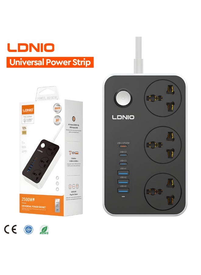 LDNIO SC3604C Power Strip with 3 AC Outlets & 6 USB Ports (3 Type-C + 3 USB-A), 2500W, PD 20W Fast Charging, 2M Cable - Image 1