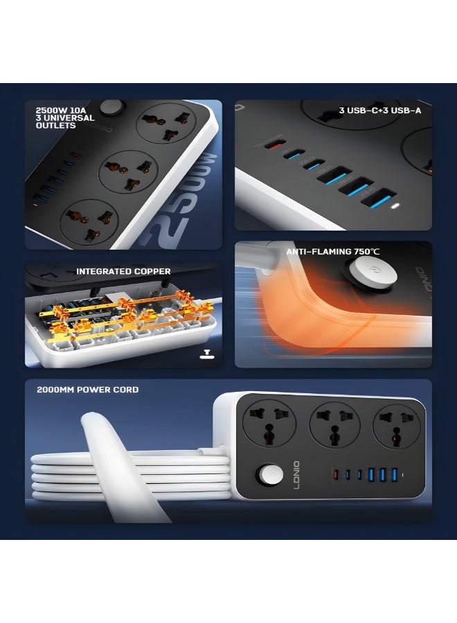LDNIO SC3604C Power Strip with 3 AC Outlets & 6 USB Ports (3 Type-C + 3 USB-A), 2500W, PD 20W Fast Charging, 2M Cable - Image 4