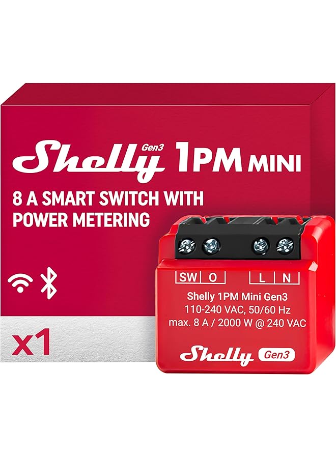 Shelly Shelly 1PM Mini Gen3 WiFi & Bluetooth Smart Relay Switch, 1 Channel 8A with Current Measurement, Flush-Mounted Light Switch, Compatible with Alexa and Google Home, iOS-Android App, No Hub Required  - Image 1