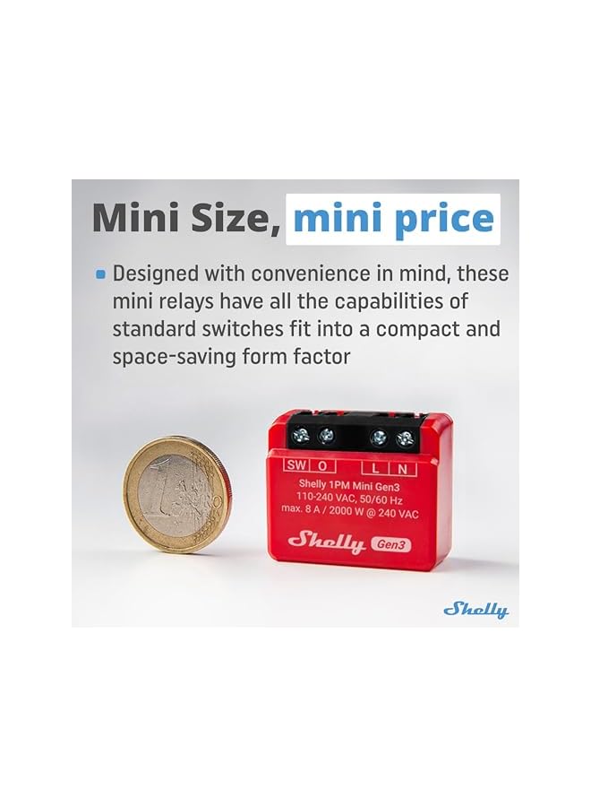 Shelly Shelly 1PM Mini Gen3 WiFi & Bluetooth Smart Relay Switch, 1 Channel 8A with Current Measurement, Flush-Mounted Light Switch, Compatible with Alexa and Google Home, iOS-Android App, No Hub Required  - Image 2