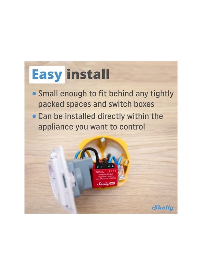 Shelly Shelly 1PM Mini Gen3 WiFi & Bluetooth Smart Relay Switch, 1 Channel 8A with Current Measurement, Flush-Mounted Light Switch, Compatible with Alexa and Google Home, iOS-Android App, No Hub Required  - Image 4