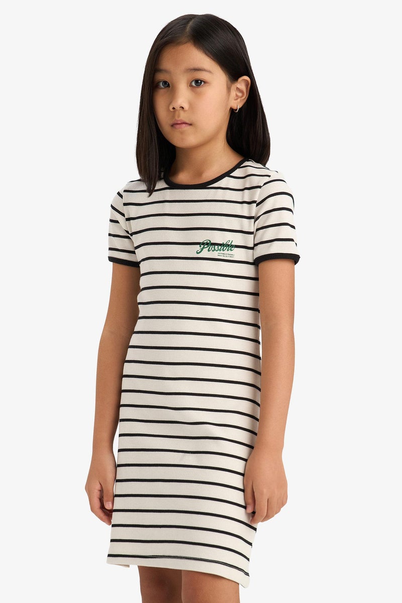 ديفاكتو فستان مخطط بناتي نص كم مضلع برقبة مستديرة - Image 5