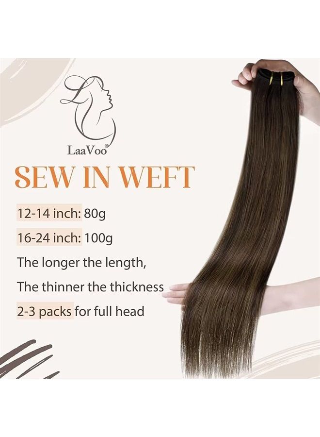 LaaVoo Real Hair Extensions Sew in Human Hair Extensions Dark Brown Balayage Brown Hair Extensions Weft Real Human Hair Extensions Black Girl 16" 100G - Image 5