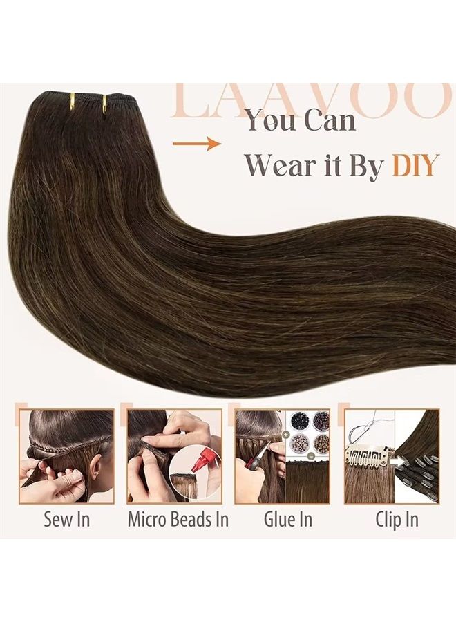 LaaVoo Real Hair Extensions Sew in Human Hair Extensions Dark Brown Balayage Brown Hair Extensions Weft Real Human Hair Extensions Black Girl 16" 100G - Image 3