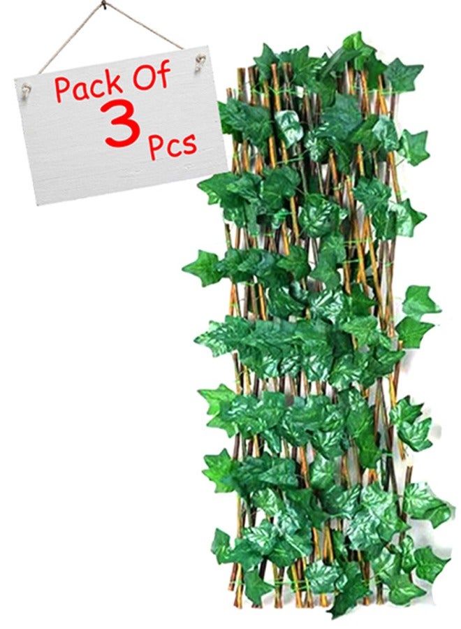 LINGWEI Bamboo Wooden Fence with Artificial Plants Green Ivy Leaves Expandable Wicker for Home Garden Wall Decoration 3pcs - Image 2