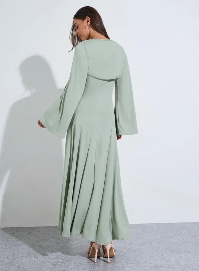 Styli  Green Solid Pleated Details A-Line Maxi Dress with Shrug for Women | Best Price UAE