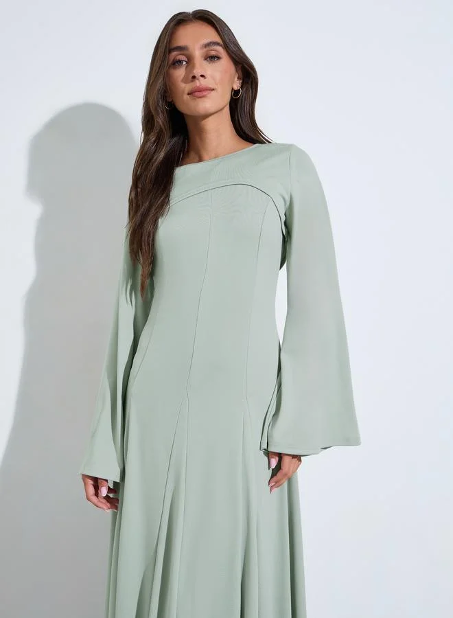 Styli Green Solid Pleated Details A-Line Maxi Dress with Shrug