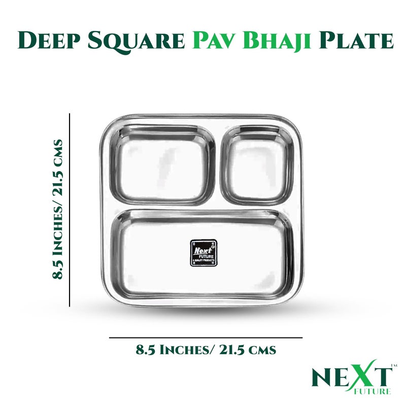 Next Future Stainless Steel Square Deep Plate - 3 in 1 Partition Plate, Pav Bhaji Plate, Lunch/Dinner/Bhojan/Thali Plates - 4 Plates - Diameter - 8.5 Inches - Image 2