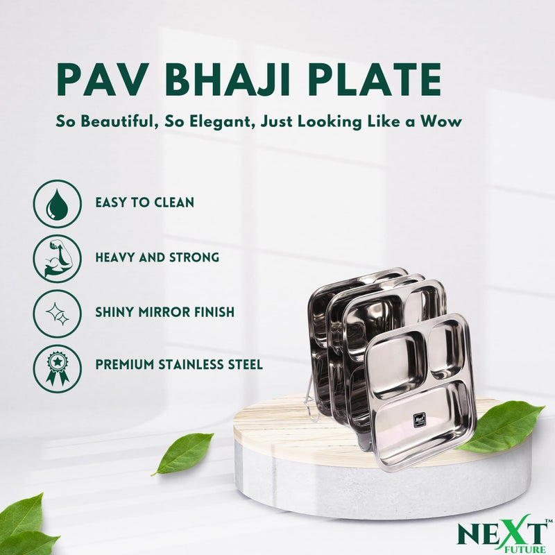 Next Future Stainless Steel Square Deep Plate - 3 in 1 Partition Plate, Pav Bhaji Plate, Lunch/Dinner/Bhojan/Thali Plates - 4 Plates - Diameter - 8.5 Inches - Image 3