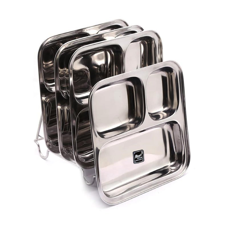 Next Future Stainless Steel Square Deep Plate - 3 in 1 Partition Plate, Pav Bhaji Plate, Lunch/Dinner/Bhojan/Thali Plates - 4 Plates - Diameter - 8.5 Inches - Image 1