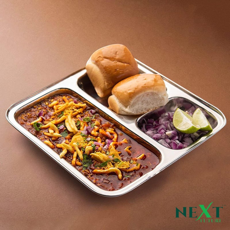 Next Future Stainless Steel Square Deep Plate - 3 in 1 Partition Plate, Pav Bhaji Plate, Lunch/Dinner/Bhojan/Thali Plates - 4 Plates - Diameter - 8.5 Inches - Image 5