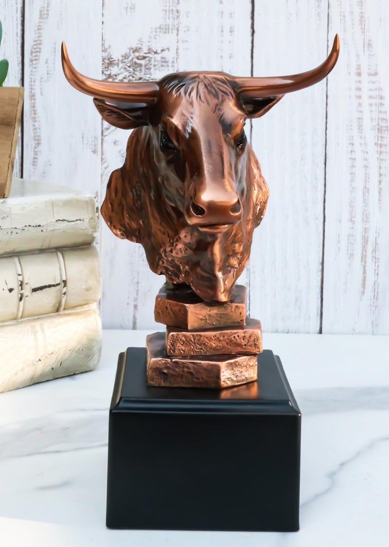 Ebros Gift Ebros Wildlife Bull Bust Statue On Pedestal Base Bronze Electroplated Figurine Great Gift for Stock Investors and Office Decor - Image 2